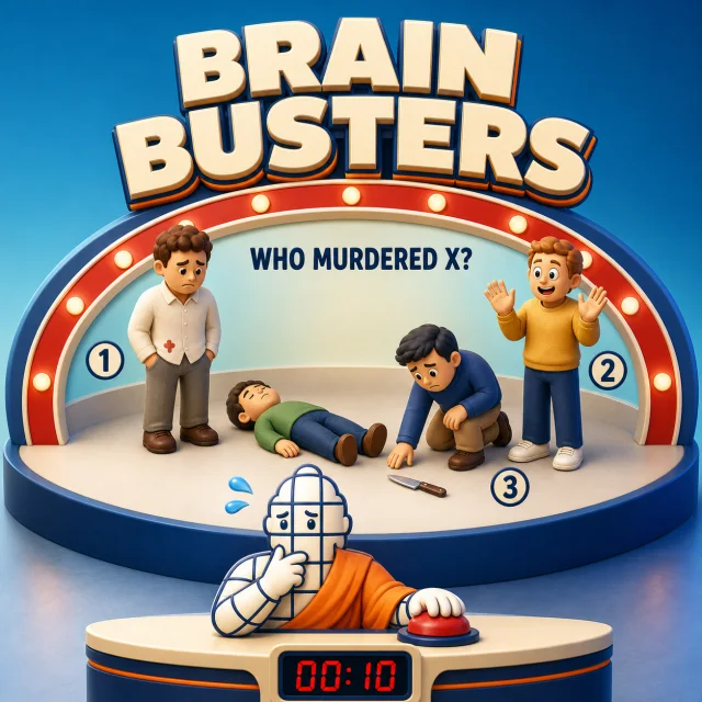 Brain Busters mystery puzzle artwork with the Guru hosting a timed challenge