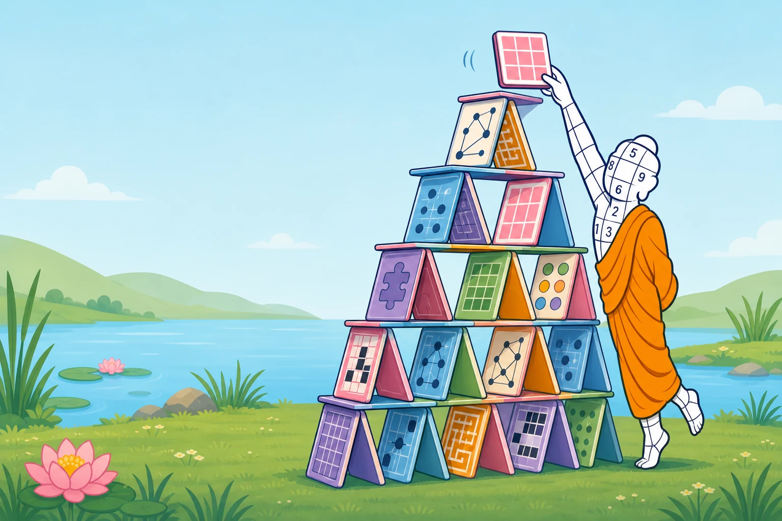The Guru mascot standing on tiptoe to finish a tall house of colourful puzzle tiles beside a calm lake
