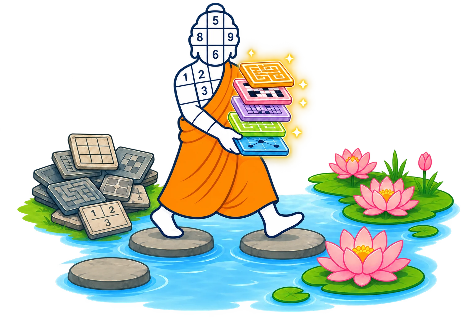 The Guru carrying puzzle tiles across stepping stones towards blooming lotus flowers