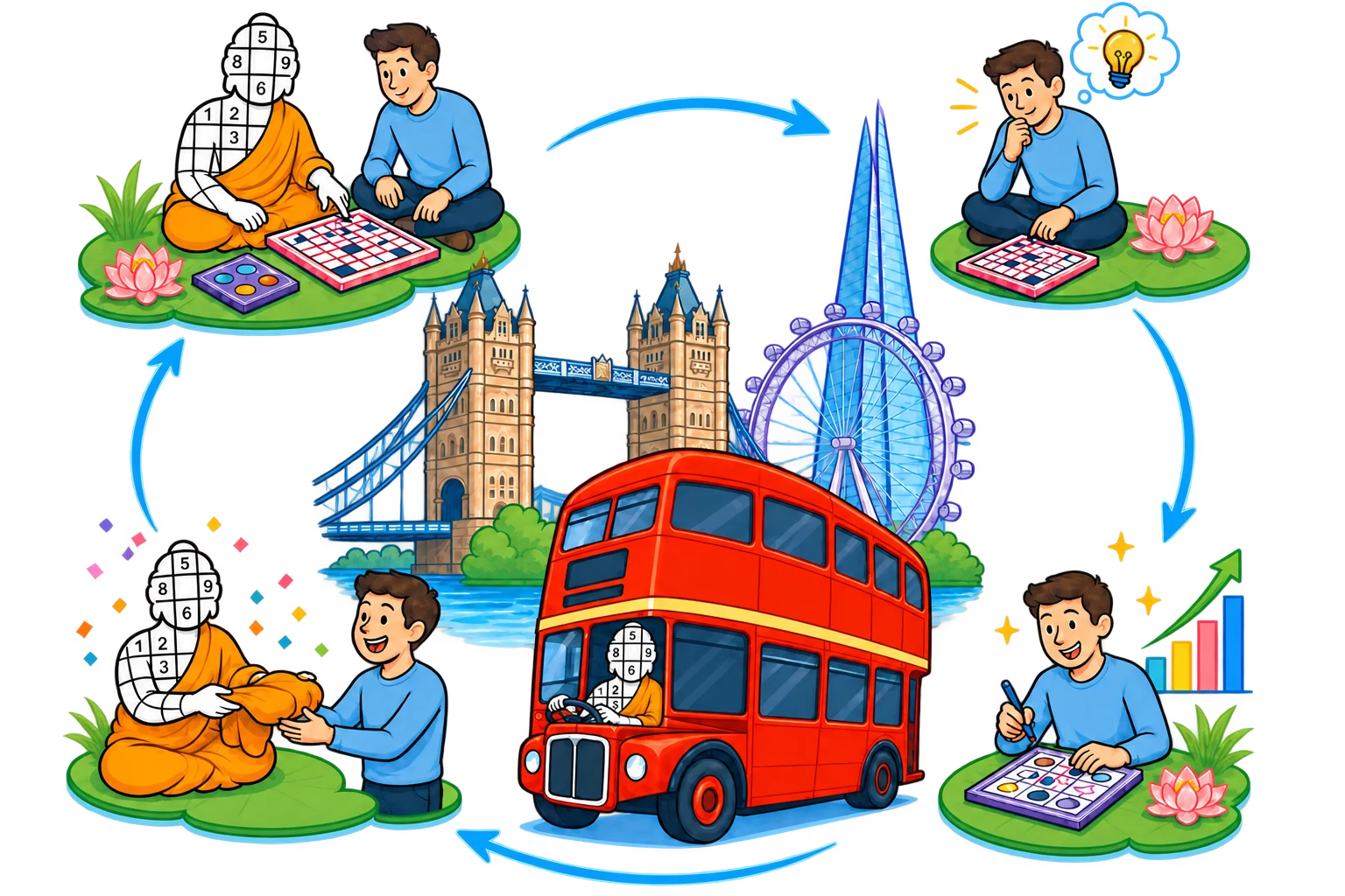The Guru driving a London bus surrounded by landmarks and a player learning journey