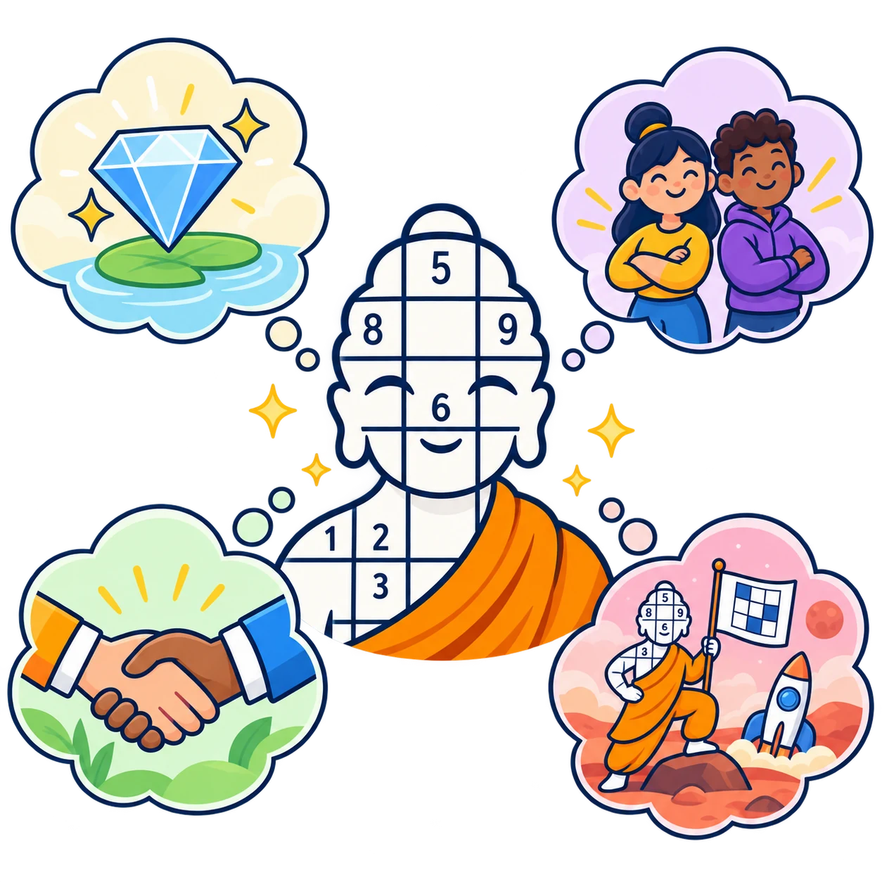 The Guru surrounded by symbols of perfectness, empowerment, cooperation and effort
