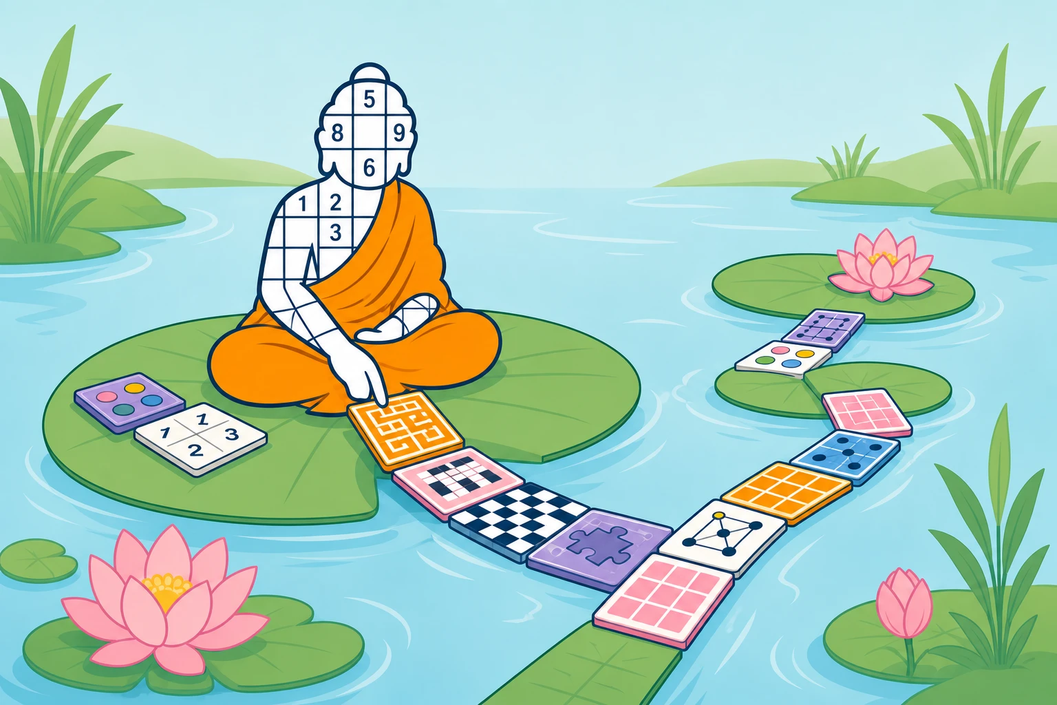 The Guru mascot building a colourful path of varied puzzle games across a calm river