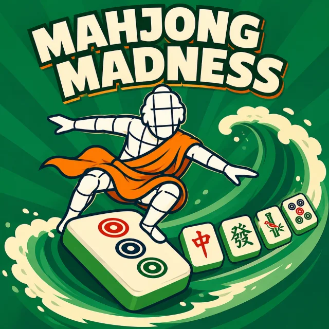 Mahjong Madness artwork with the Guru surrounded by colourful mahjong tiles