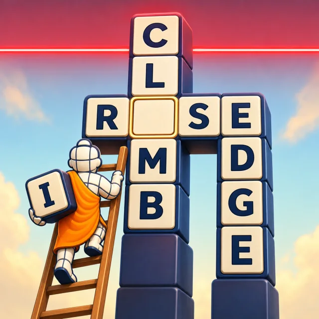 Crossword Climb artwork with the Guru climbing a tower of letter blocks